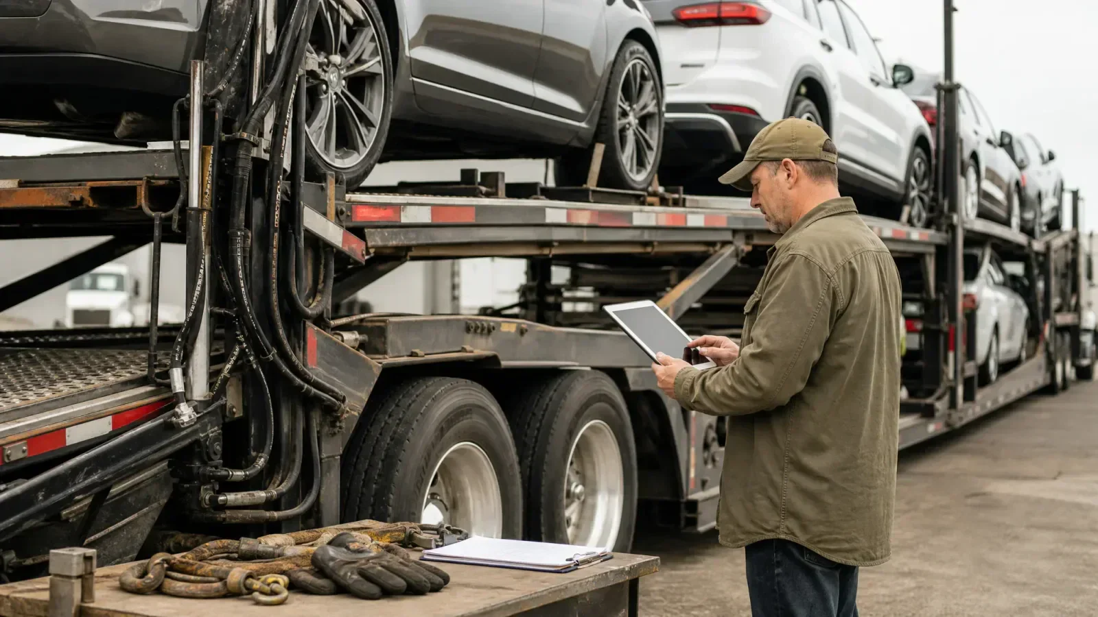 Fleet worker uses a tablet to inspect a loaded car hauler trailer, with maintenance gloves and tie-down chains on a nearby workbench.