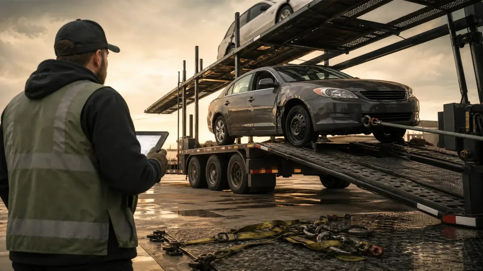 Car hauler operator checks a sedan being winched up the loading ramp, with tie-down straps ready on the trailer and another vehicle on the upper deck.