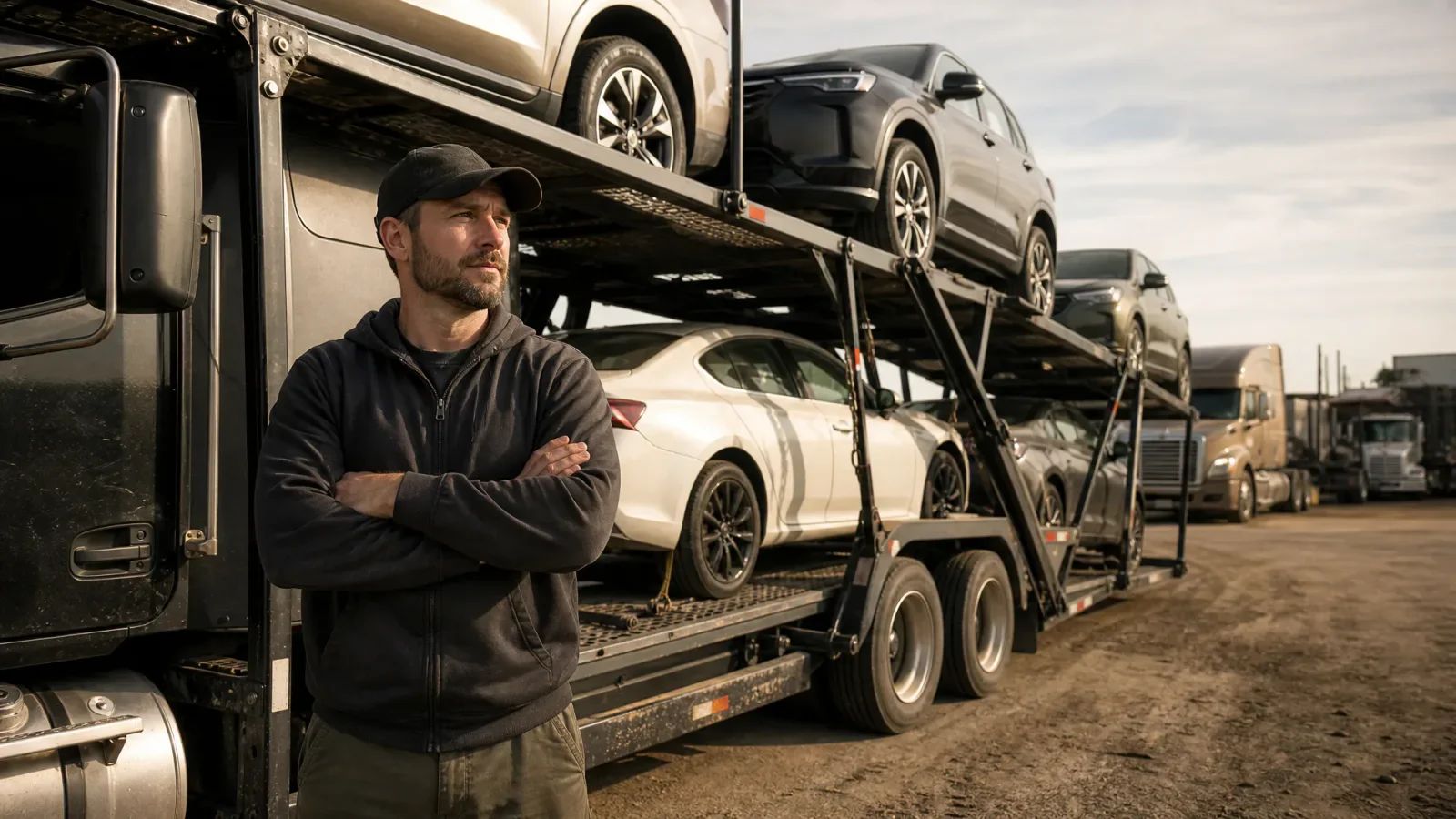 Car hauler owner-operator with arms crossed beside his loaded car carrier in a truck yard
