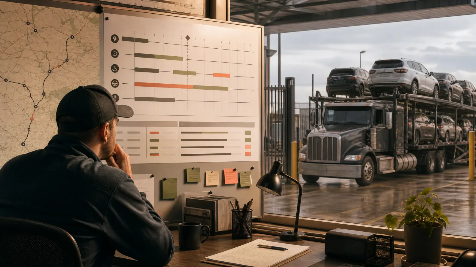 Dispatcher reviewing HOS, loading time, and delivery windows for a car hauler appointment