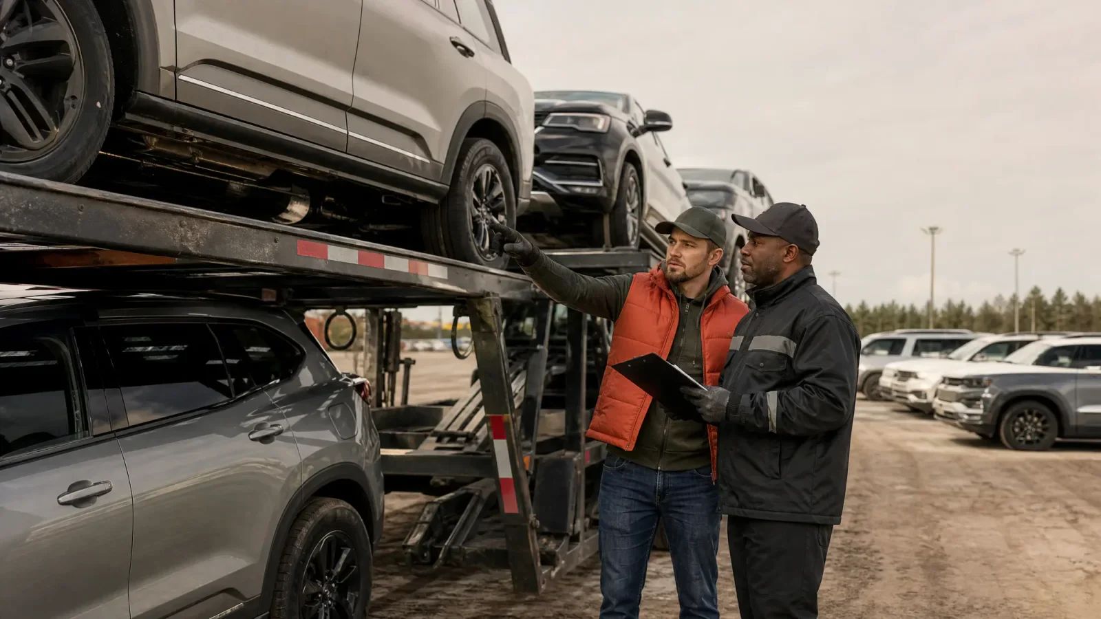 Two transport workers beside a loaded car carrier in a vehicle yard, one pointing toward a vehicle and the other holding a tablet.