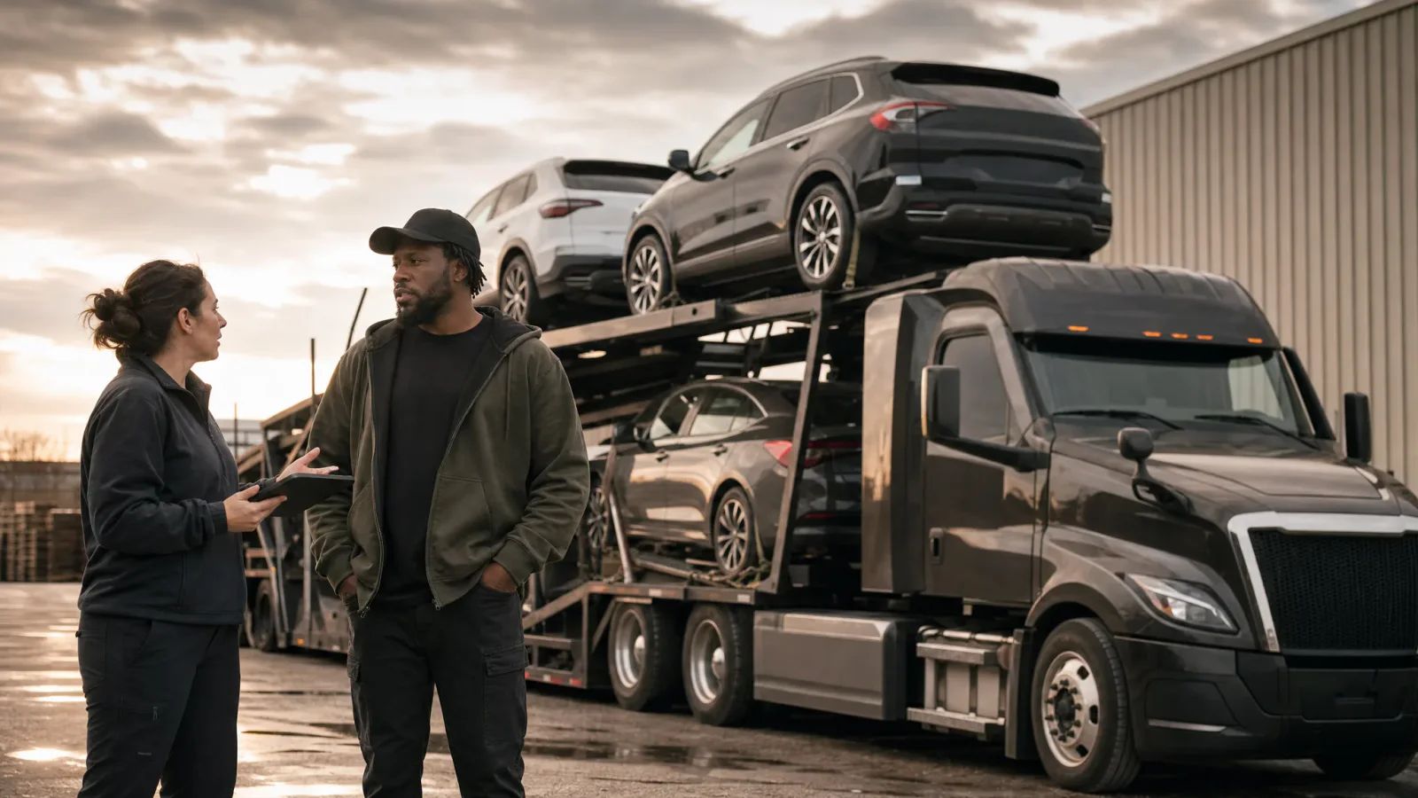Two people talk beside a parked car-hauling truck carrying three SUVs in a fleet yard.