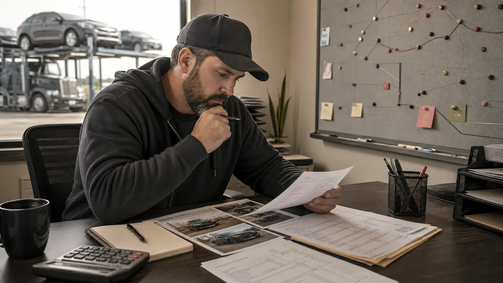 Dispatcher reviewing a car hauler broker chargeback dispute packet with rate, delivery, invoice, and payment records