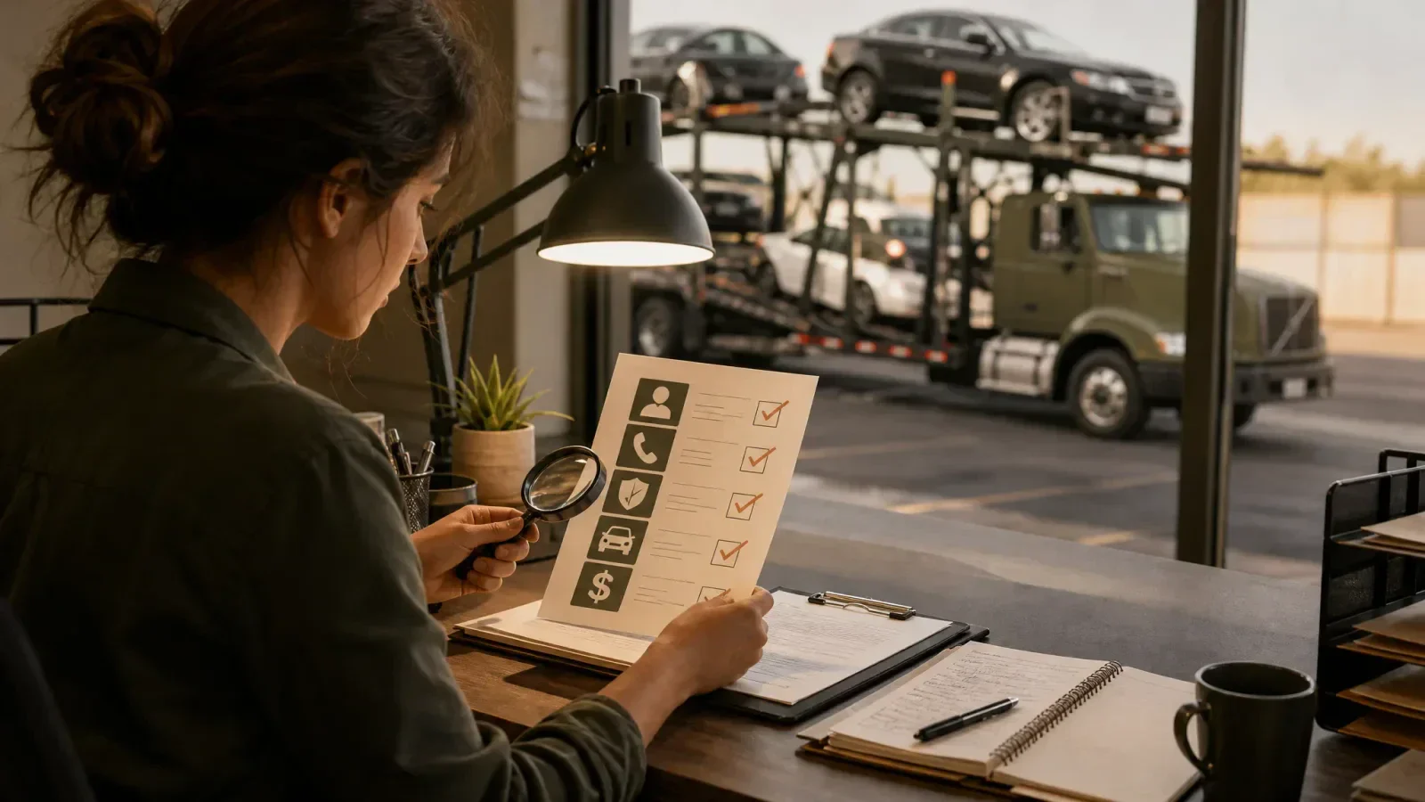 Dispatcher uses a magnifying glass to review a broker verification checklist at a desk, with a car-hauling truck carrying vehicles visible outside.