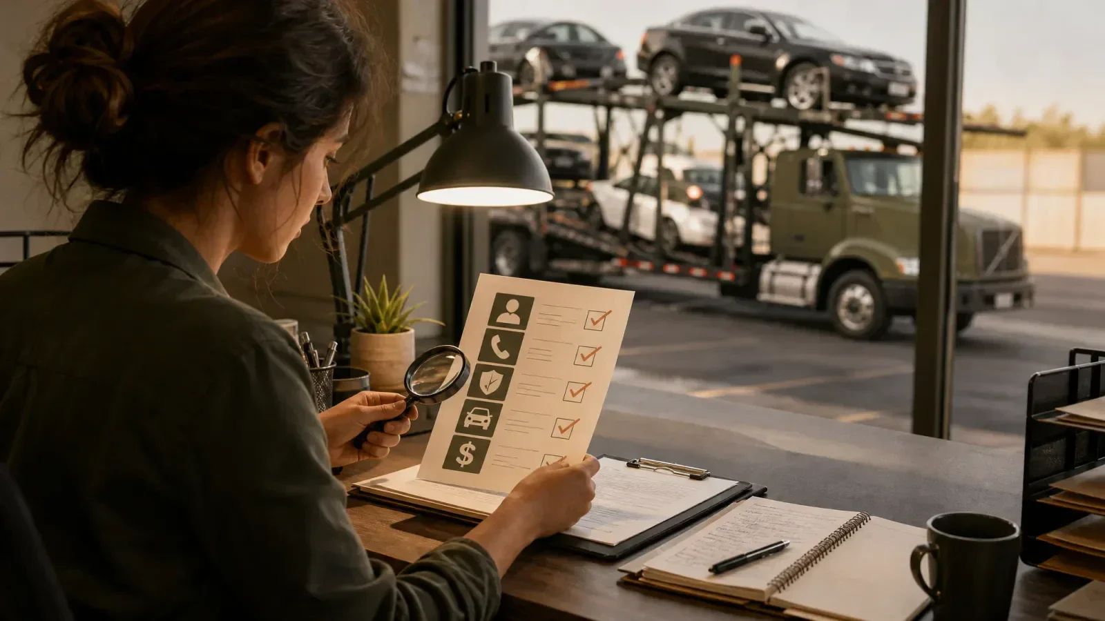 Dispatcher uses a magnifying glass to review a broker verification checklist at a desk, with a car-hauling truck carrying vehicles visible outside.