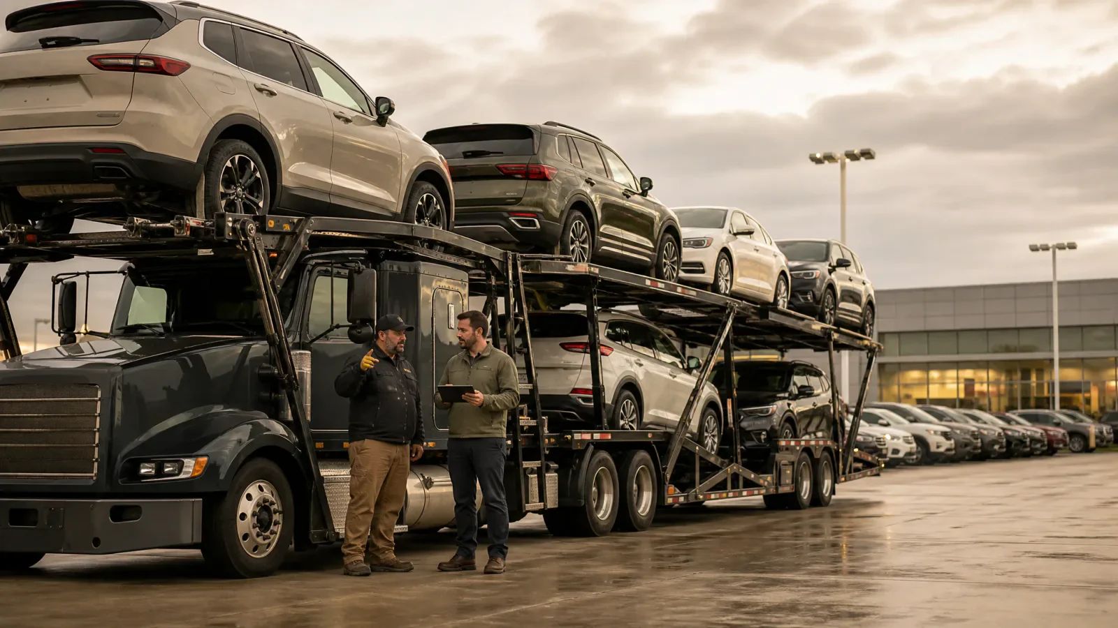Driver and dispatcher reviewing a trip on a tablet beside a loaded car hauler at a dealership