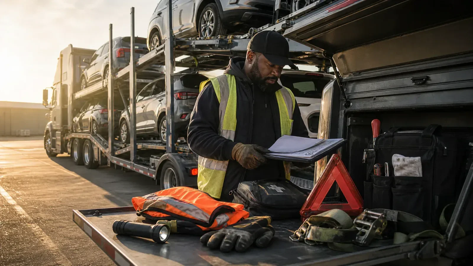 Car-hauler driver checks paperwork beside a vehicle transport truck loaded with cars, with safety gear, tools, and a warning triangle arranged on the open service compartment.