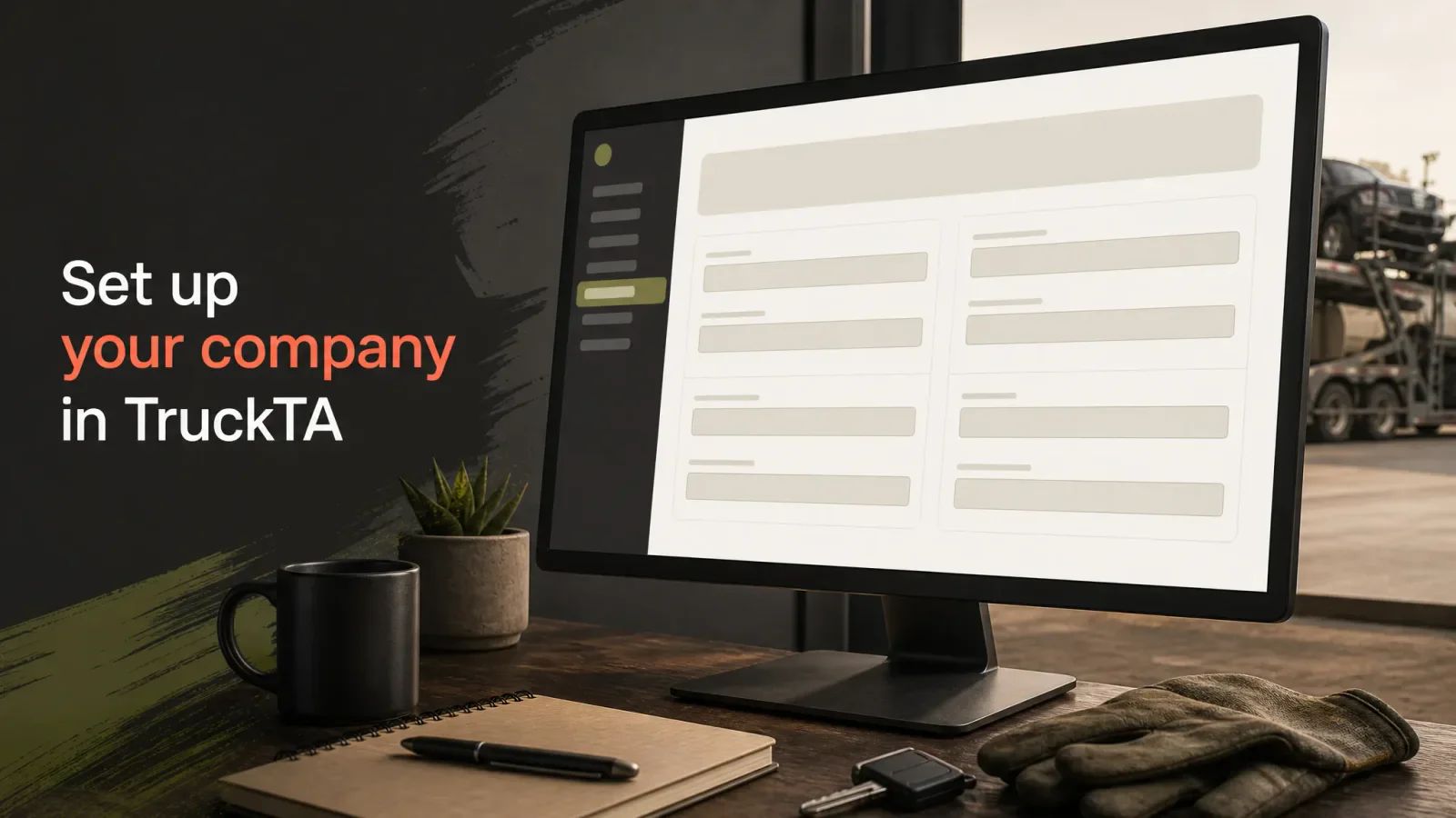 Illustration of a desk monitor showing a company setup form, with a loaded car carrier outside the window