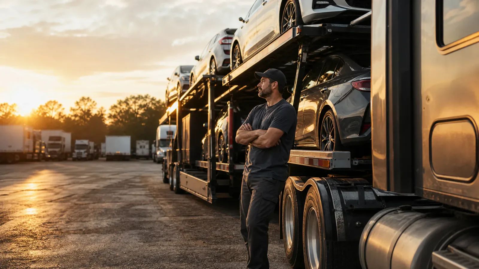 A car hauler driver with arms crossed stands beside a loaded car carrier at a truck yard at sunset.