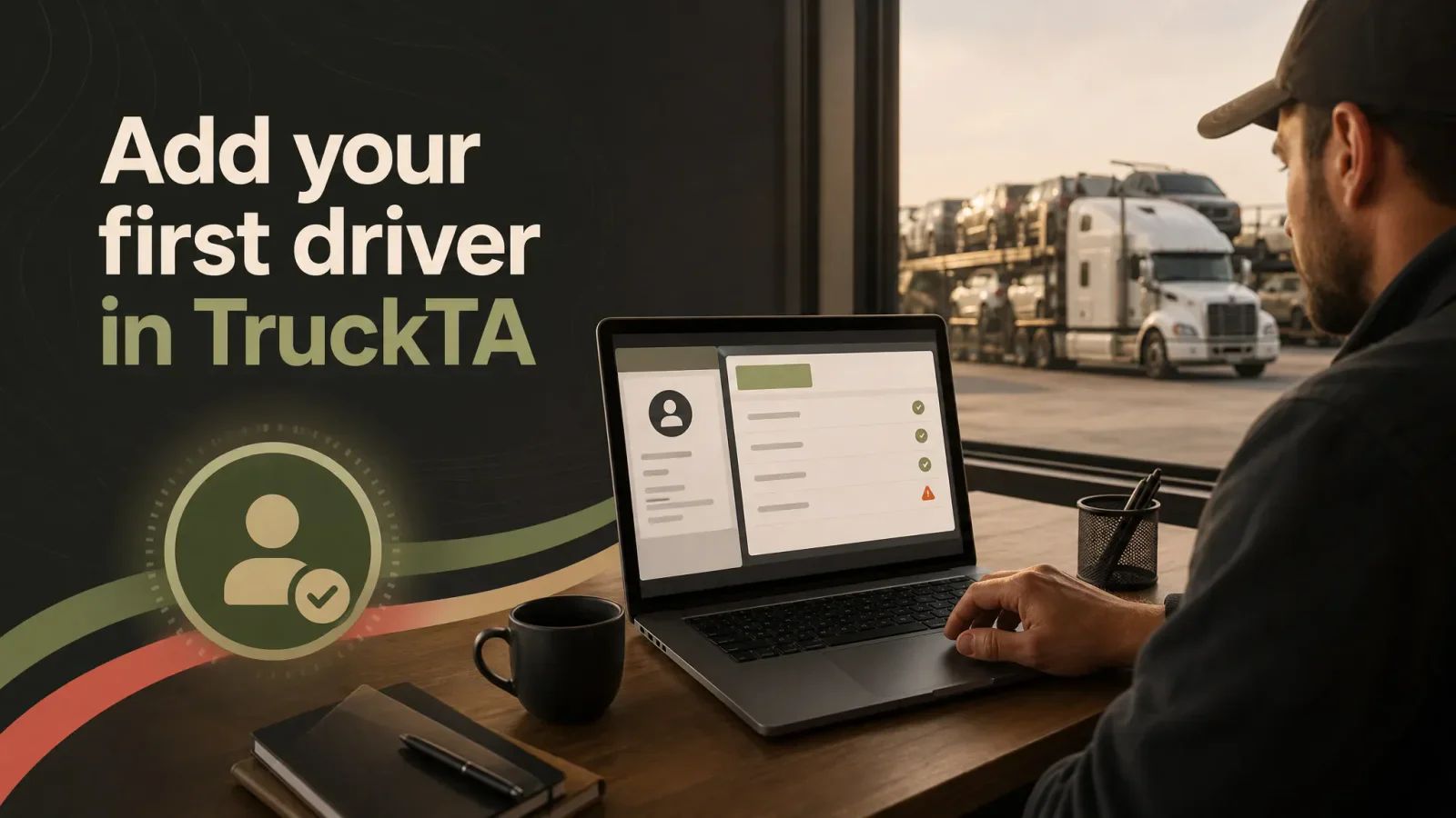 Illustration of a dispatcher at a laptop showing a driver profile, with a car carrier outside the window