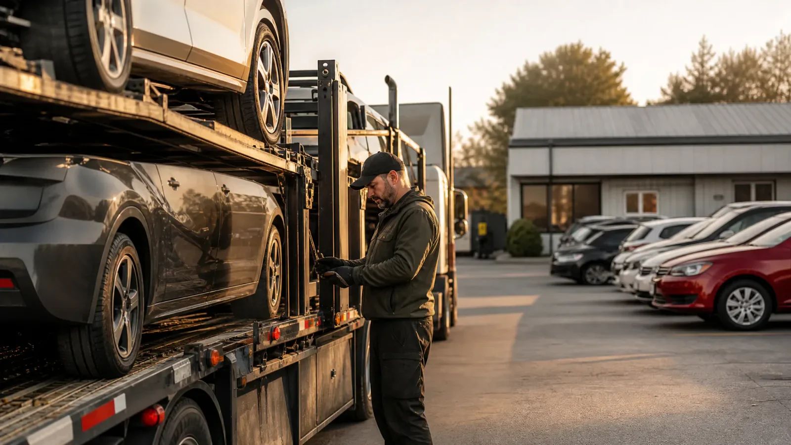 Driver checking a loaded car carrier beside parked vehicles at sunset.