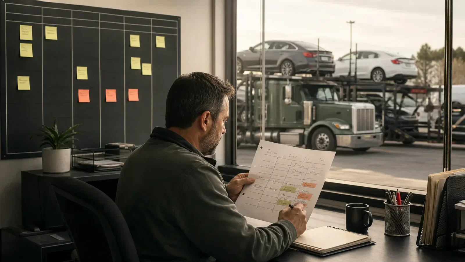 Car hauler reviews a handwritten cash reserve worksheet at a desk, with a dispatch board behind him and a loaded car carrier visible outside.