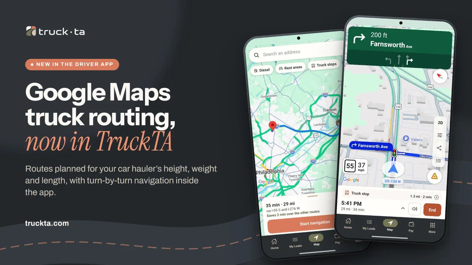 Two phones showing the TruckTA Driver App: a truck route preview and turn-by-turn navigation on a Google map