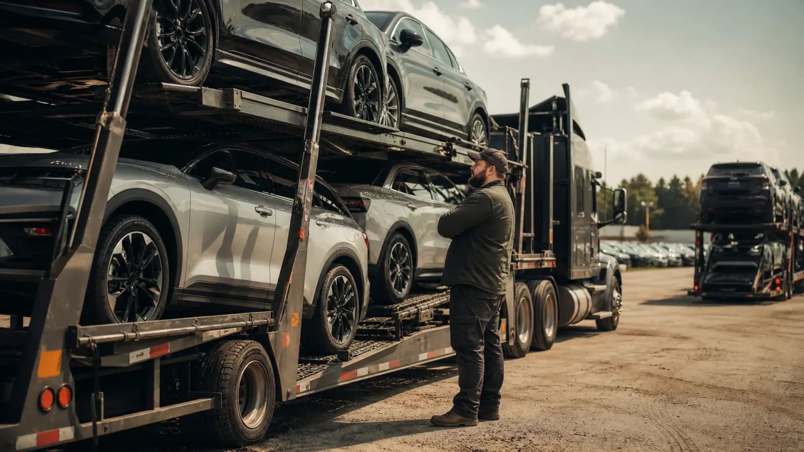 Driver standing beside a loaded two-level car carrier in a vehicle transport yard.
