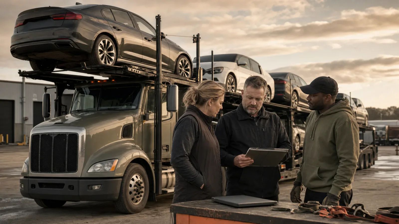 Three people review a clipboard beside a parked car-hauling truck loaded with vehicles. A closed laptop sits on a nearby workbench.