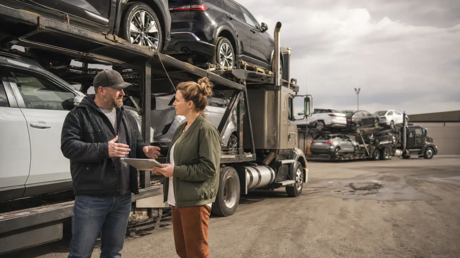 Driver and dispatcher reviewing a tablet beside a loaded car hauler while another carrier is parked behind them