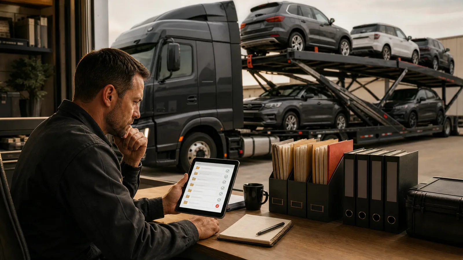 New trucking company owner organizing FMCSA safety audit records for drivers, equipment, maintenance, and cargo securement