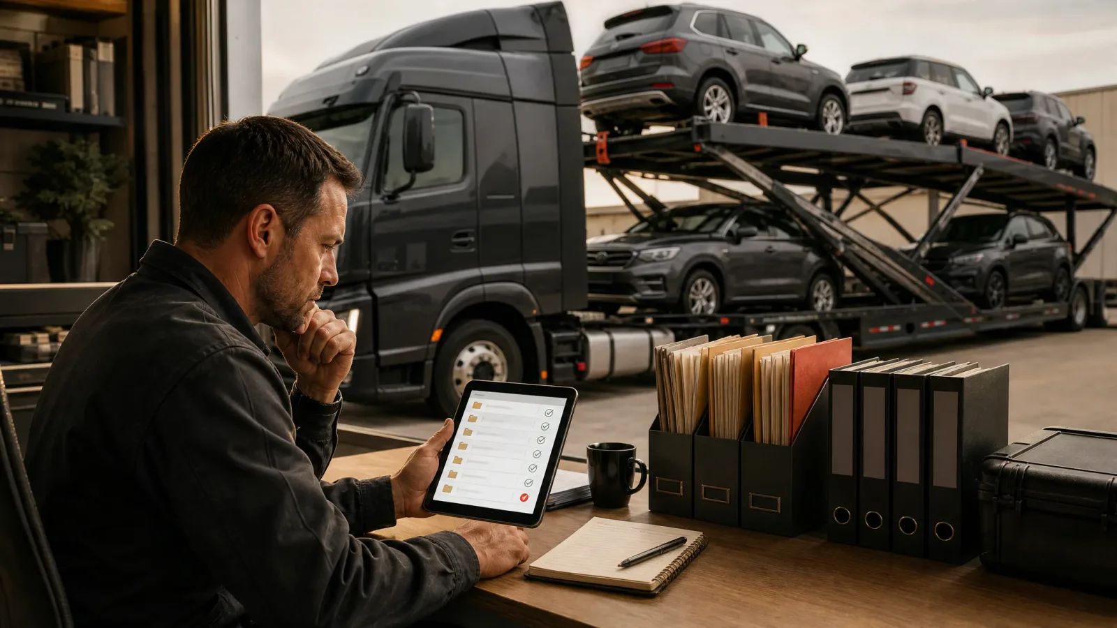 New trucking company owner organizing FMCSA safety audit records for drivers, equipment, maintenance, and cargo securement