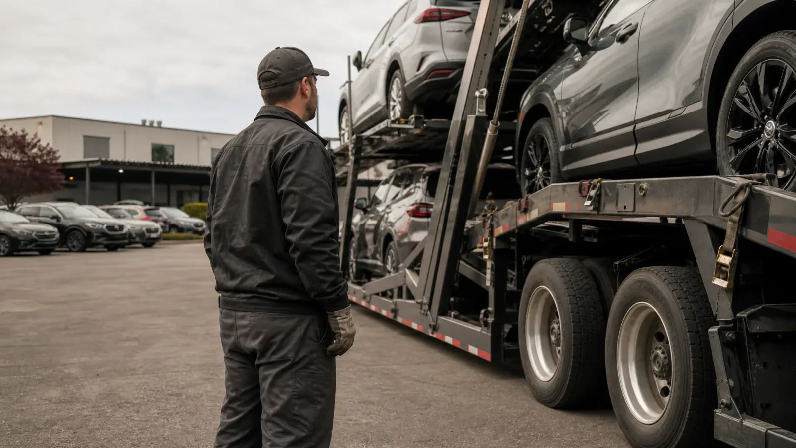 Driver standing beside a loaded car carrier in a vehicle transport yard.