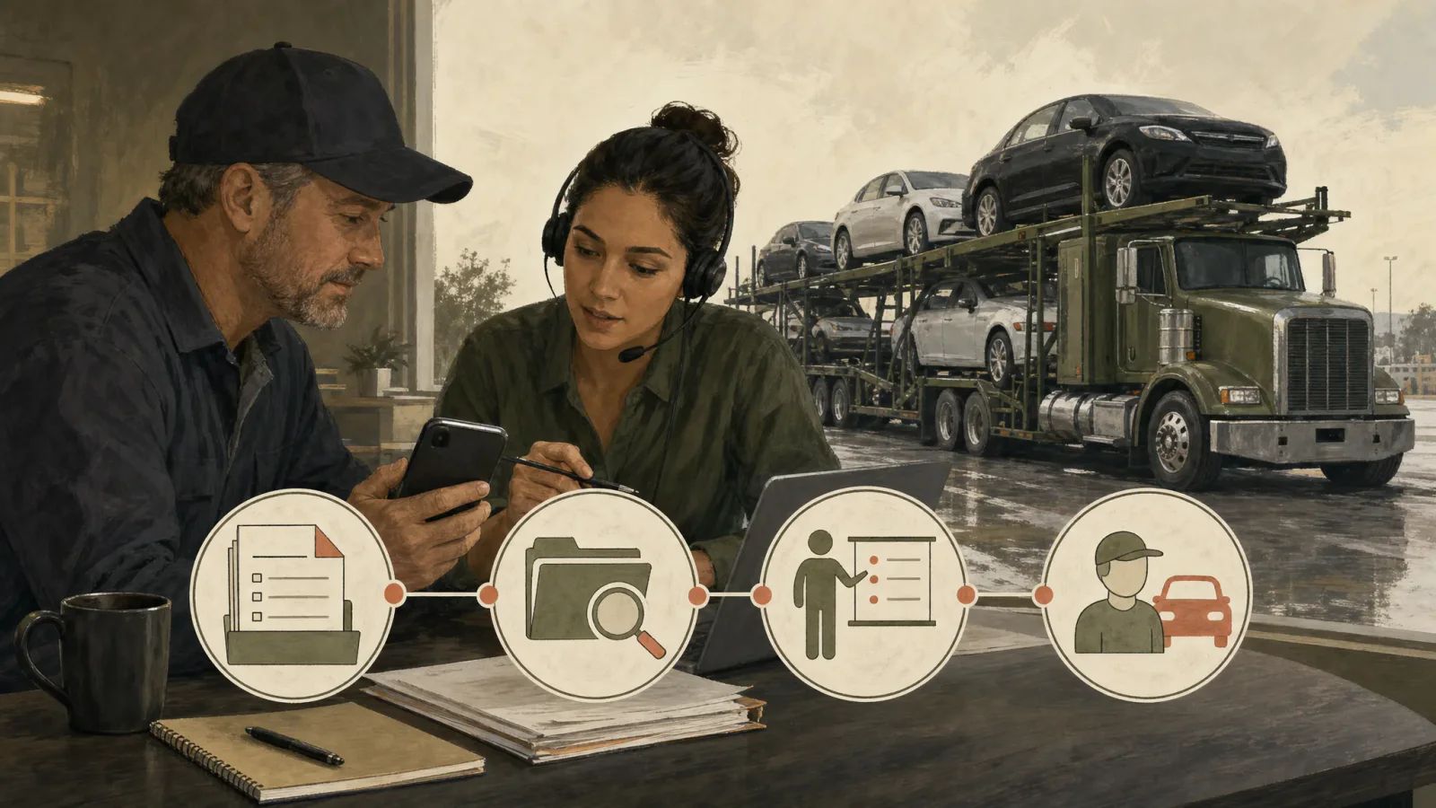 A driver holding a phone and a headset-wearing dispatcher review paperwork beside four connected icons for documents, file review, training, and an assignment. A loaded car carrier is behind them.
