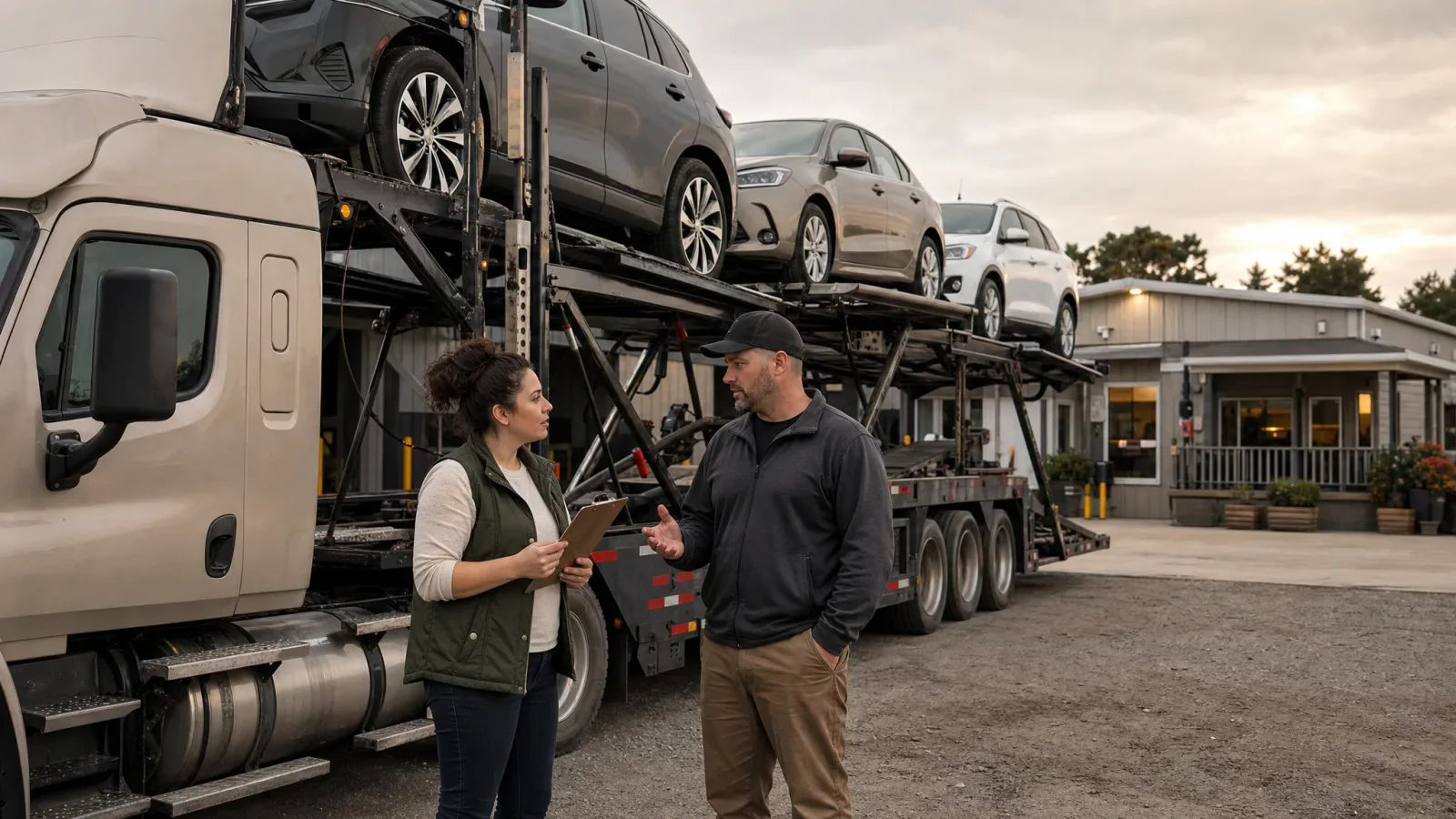 Two people talk beside a parked car-hauling truck, one holding a clipboard. Three passenger vehicles are visible on the trailer, with a terminal office behind them.
