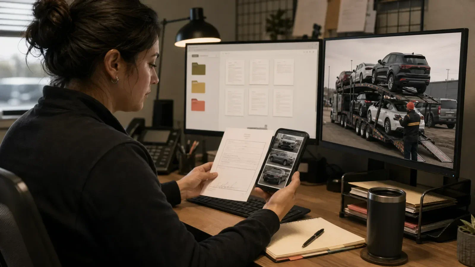 Dispatcher reviewing a signed delivery form and vehicle condition photos while monitoring an auto transport carrier on dual computer screens.