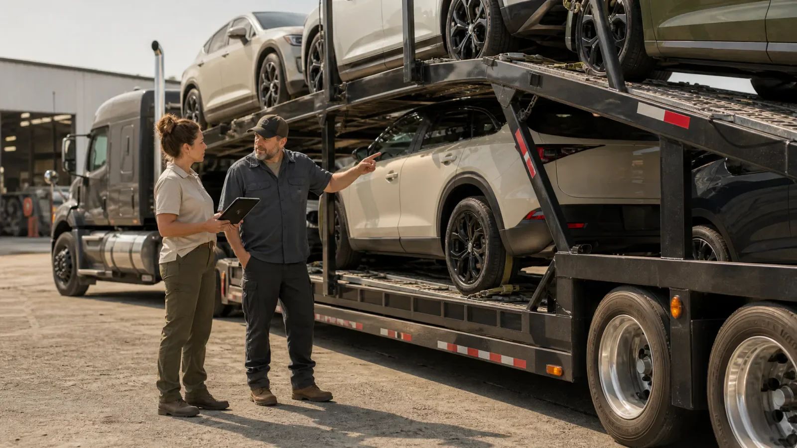Two people discuss the vehicles on a loaded car carrier beside a transport depot.