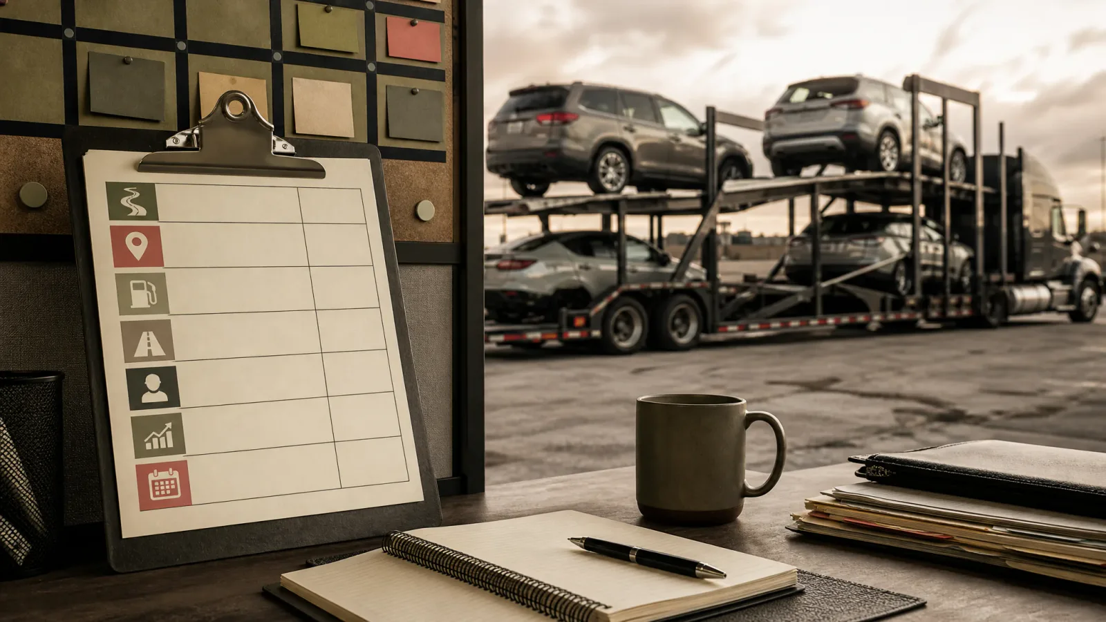 Car hauling trip profitability worksheet showing route miles, deadhead, trip costs, operating margin, and payment timing beside a car carrier dispatch board.