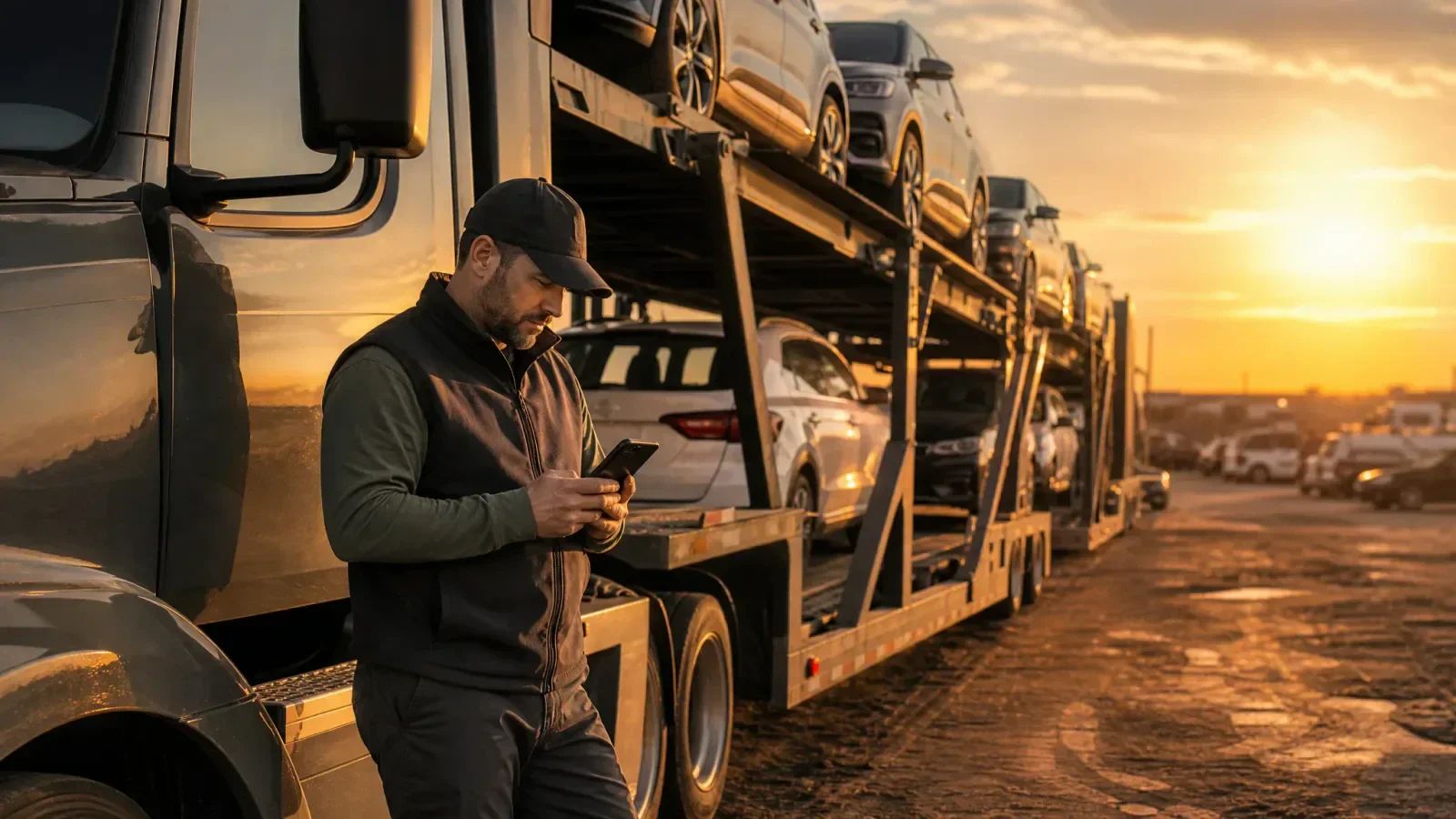 Driver checking a phone beside his truck, with a car hauler loaded with vehicles behind him at sunset
