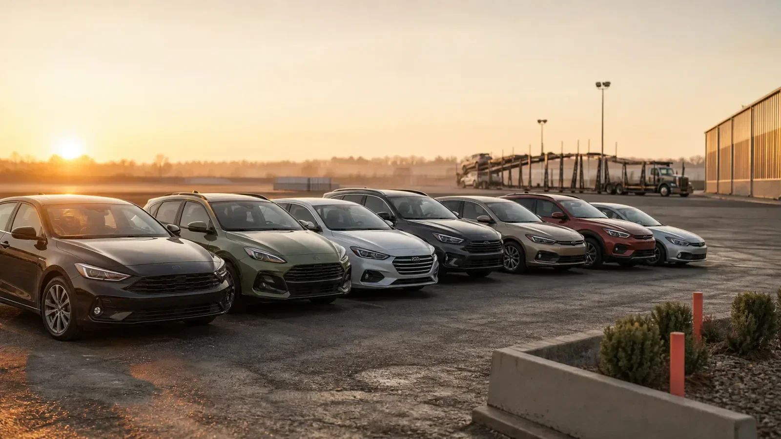 Seven passenger cars parked in a transport yard, with a car carrier and warehouse in the background.