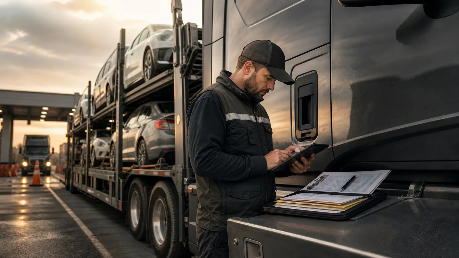 Car hauler driver reviewing ELD data and roadside inspection documents beside a vehicle transport truck
