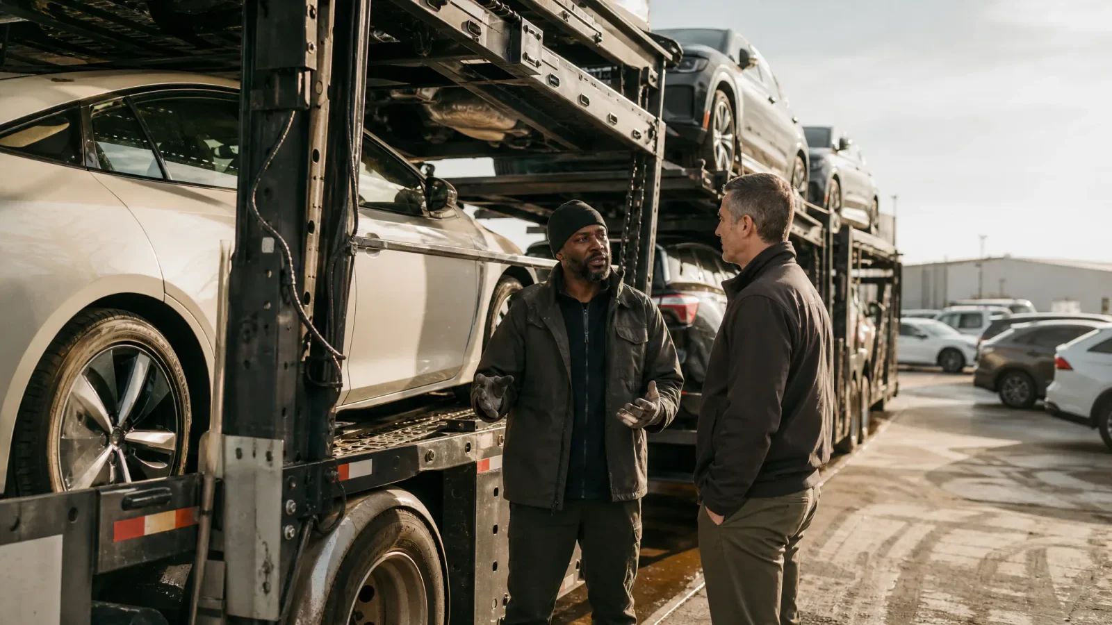 Two men talking beside a loaded car carrier in a vehicle transport yard.