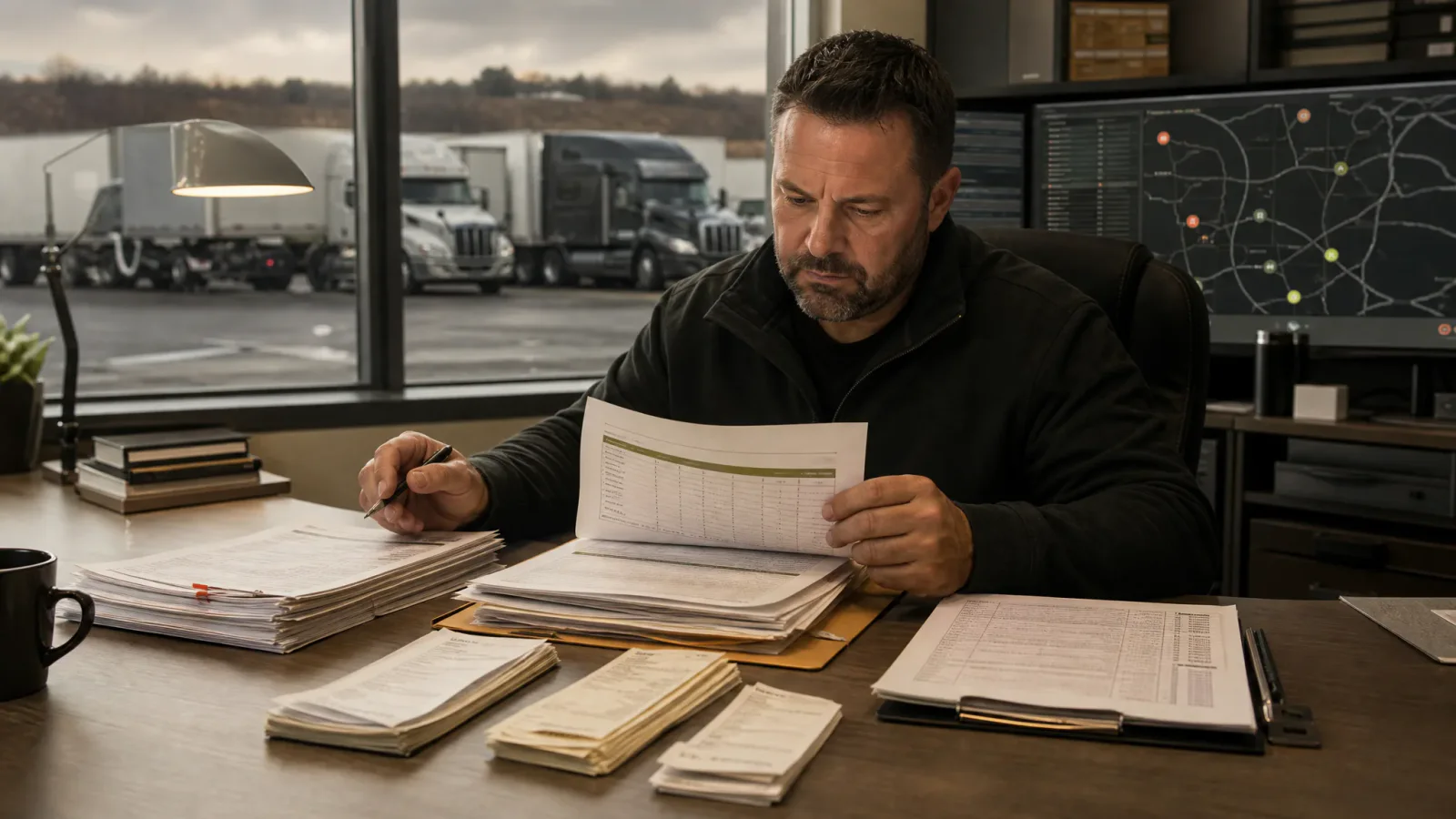 Trucking company owner reviewing monthly load revenue, driver settlements, expenses, and bookkeeping exceptions