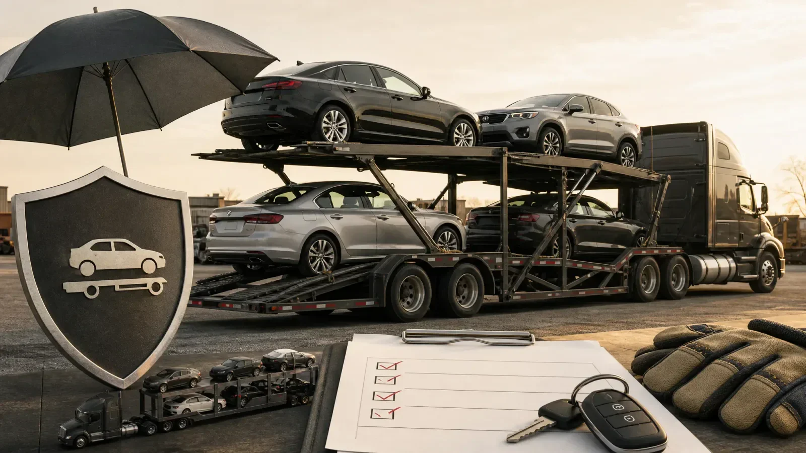 Car hauler loaded with four vehicles beside an insurance checklist, vehicle keys, work gloves, and a shield-shaped auto transport icon.