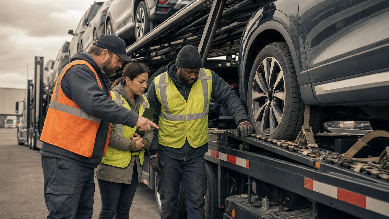 Three workers in high-visibility vests examine a vehicle wheel and tie-down strap on a loaded car-hauling trailer in a fleet yard.
