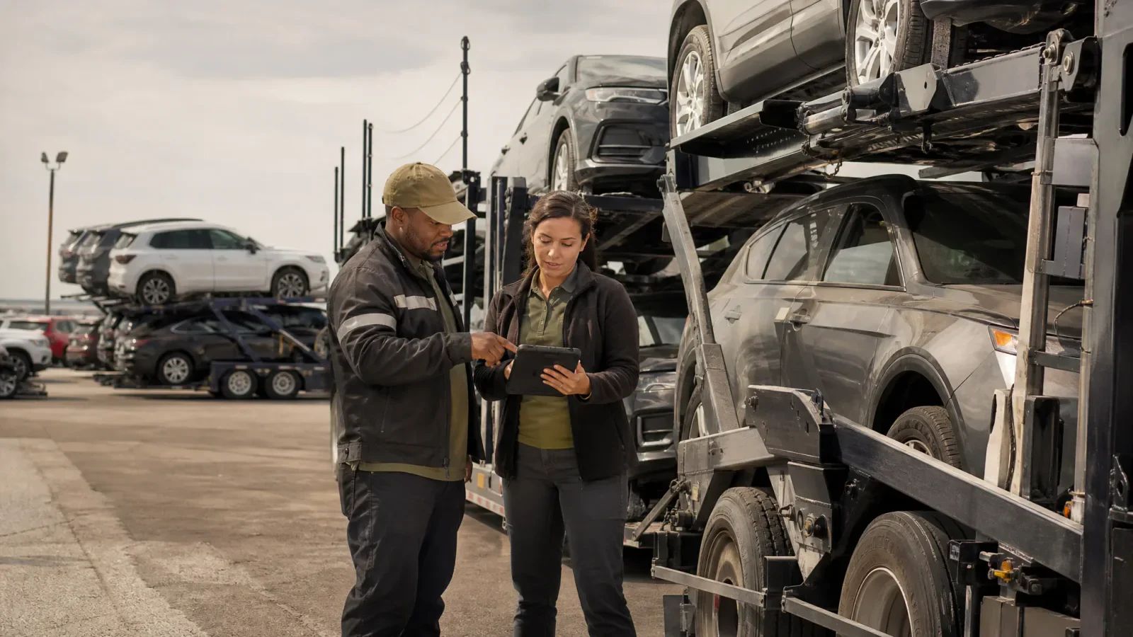 A car hauler driver and a dispatcher look at a tablet beside a loaded car carrier in a transport yard.