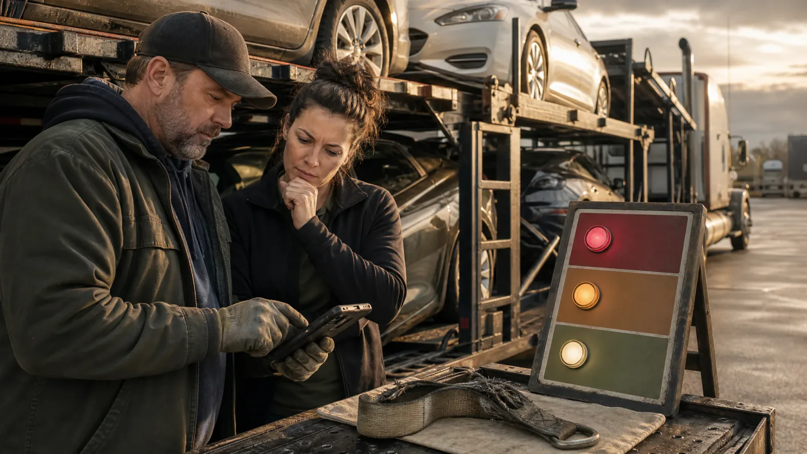 Car hauler driver and dispatcher reviewing a cargo securement exception beside a loaded auto transport trailer