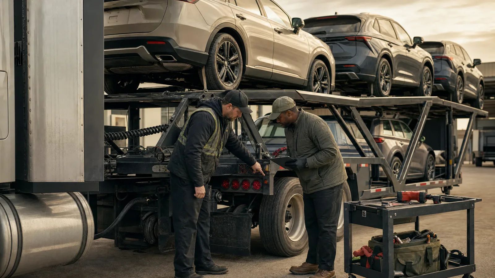 Two workers inspect the lights on a parked car hauler carrying SUVs, with tools on a cart beside them.