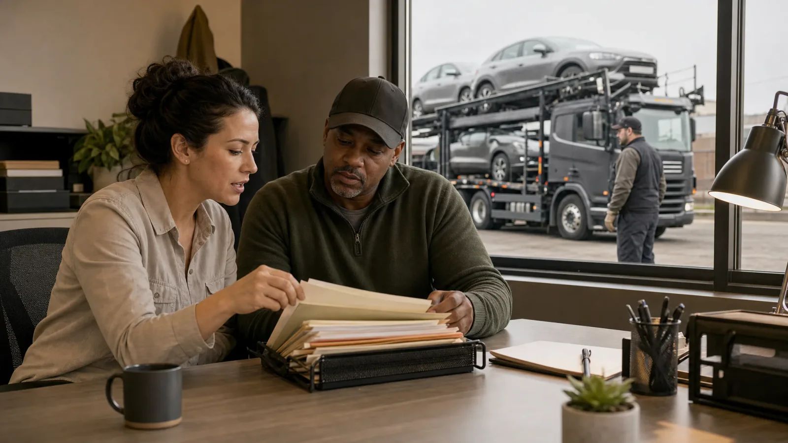 Two people review folders at an office desk while a driver stands beside a parked car transporter outside the window.