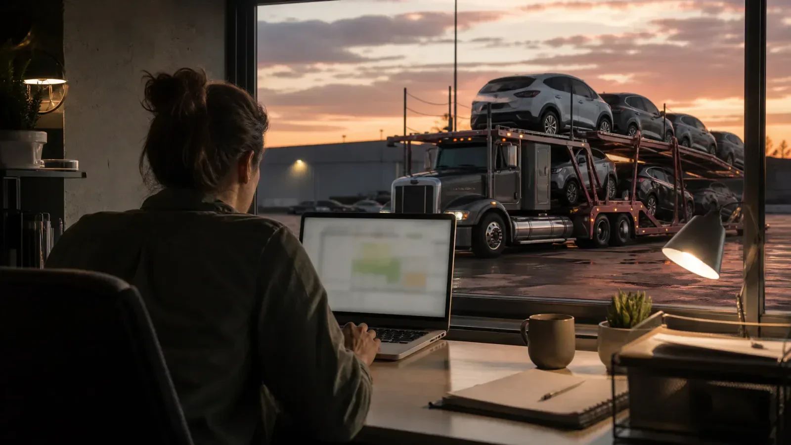 Dispatcher at a laptop planning a load, with a loaded car hauler parked outside the window at dusk