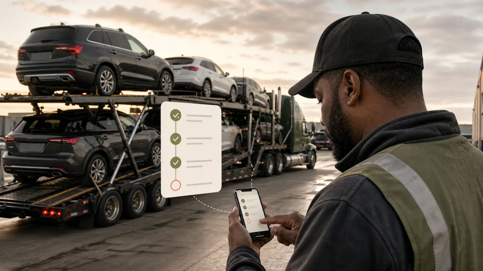 Car hauler driver reviewing a structured pickup and delivery status update checklist beside a loaded auto transport trailer