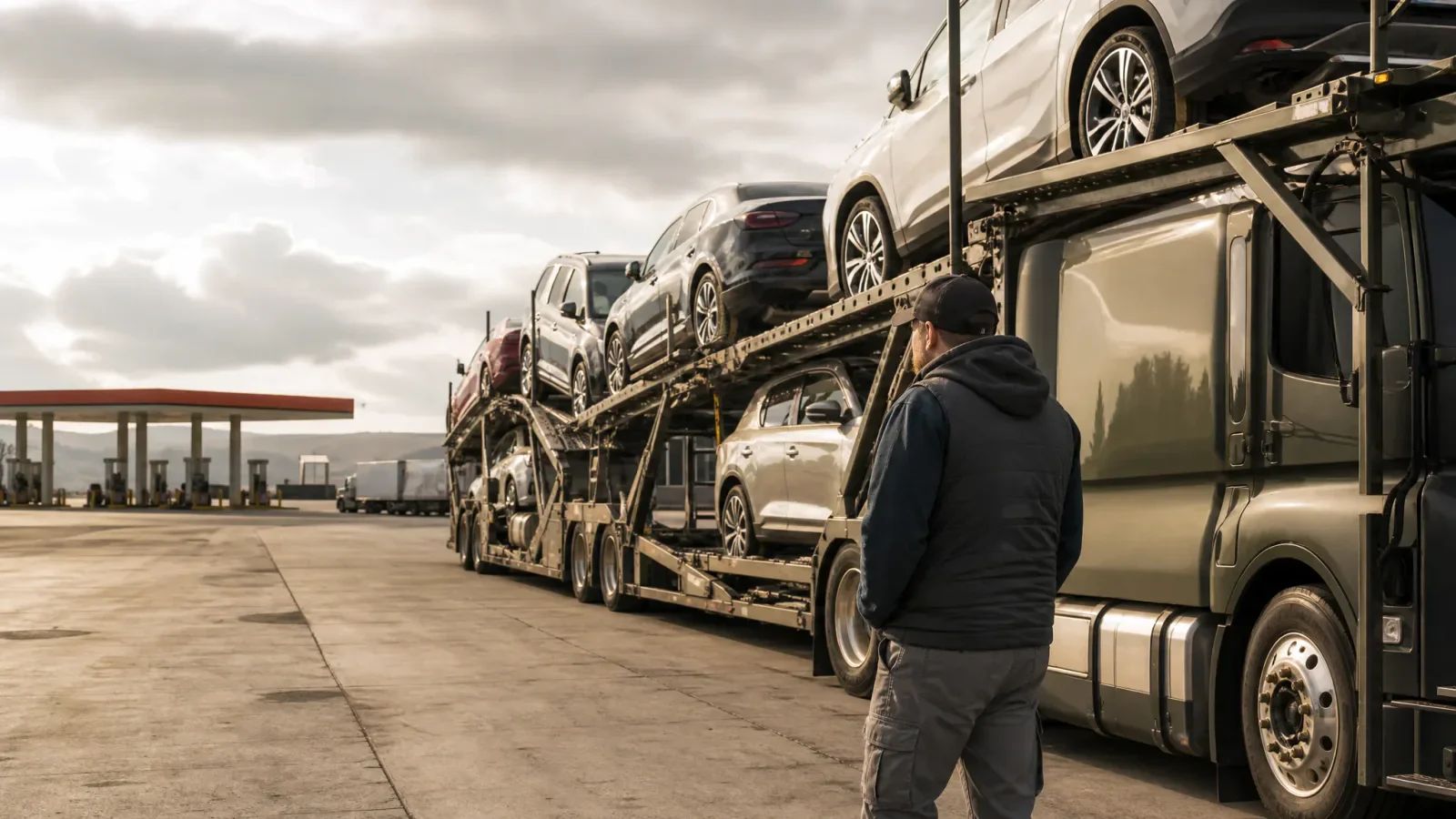 A driver stands beside a loaded car carrier parked near fuel pumps at a truck stop.