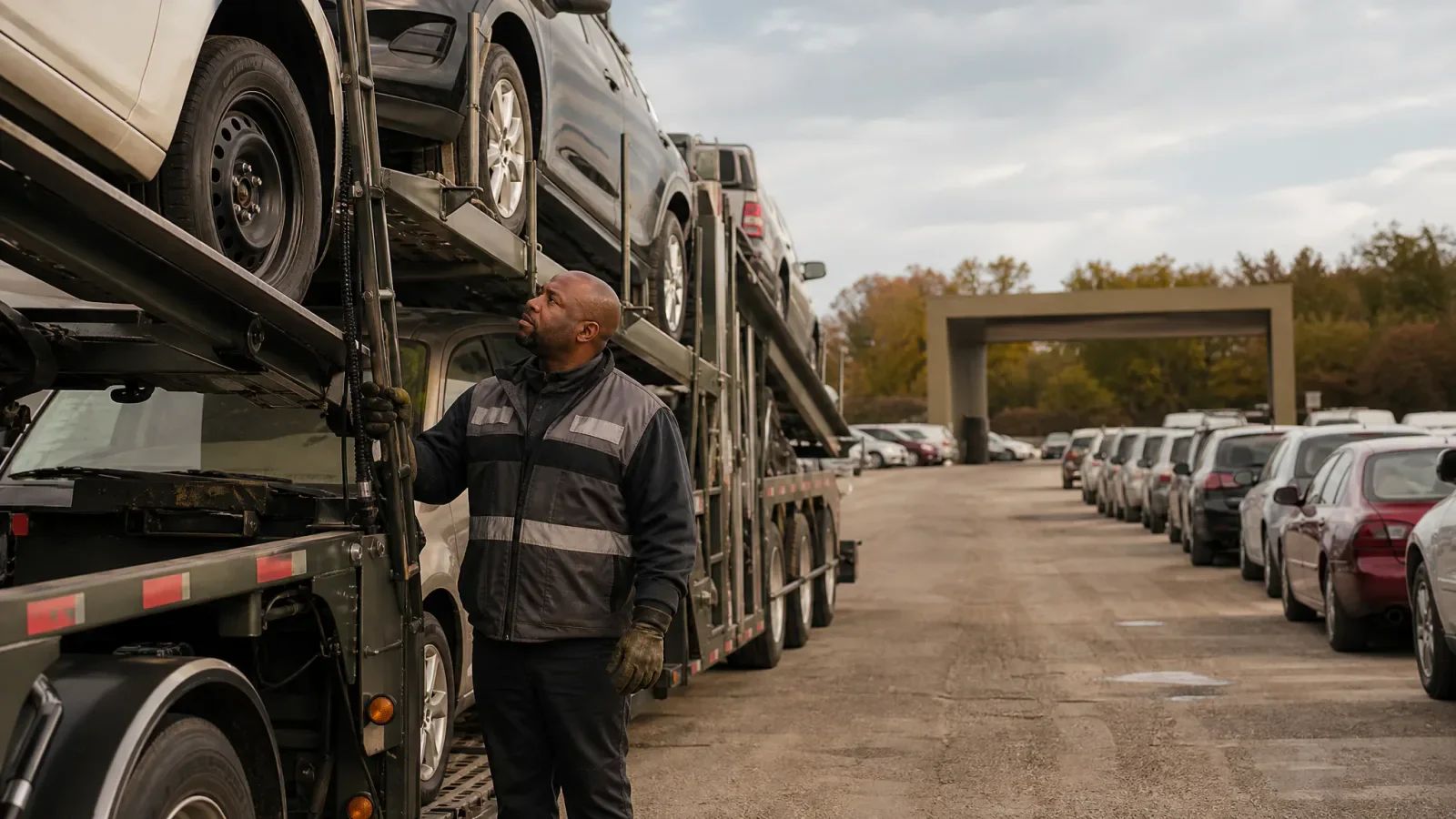 Car hauler driver in a safety vest checking a loaded car carrier at an auction yard gate