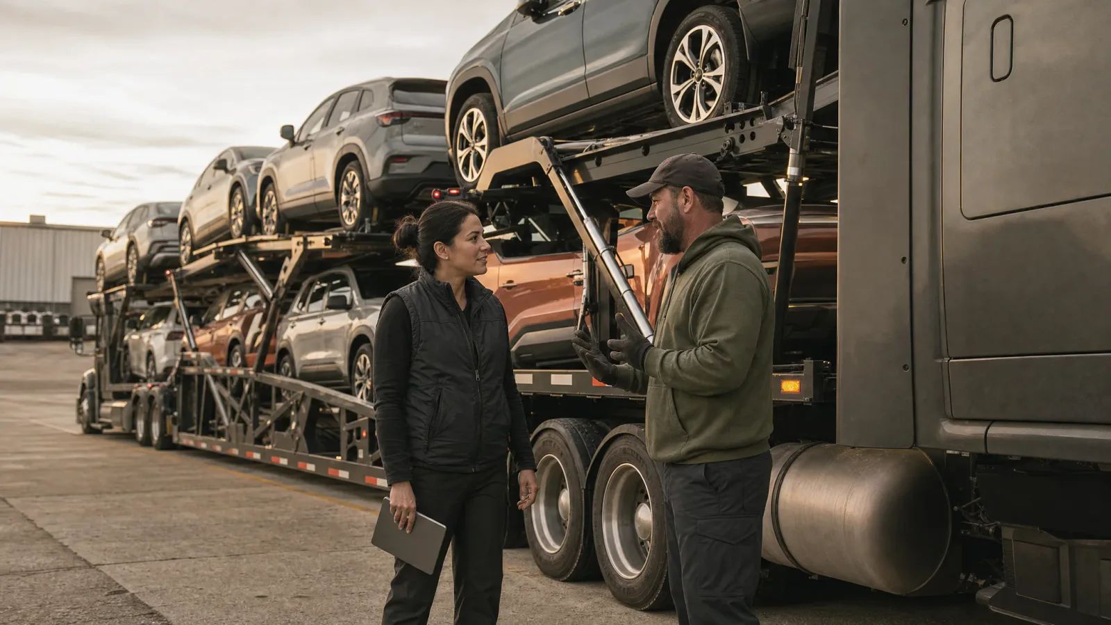 A woman holding a tablet talks with a man beside a parked car hauler loaded with passenger vehicles in a fleet yard.