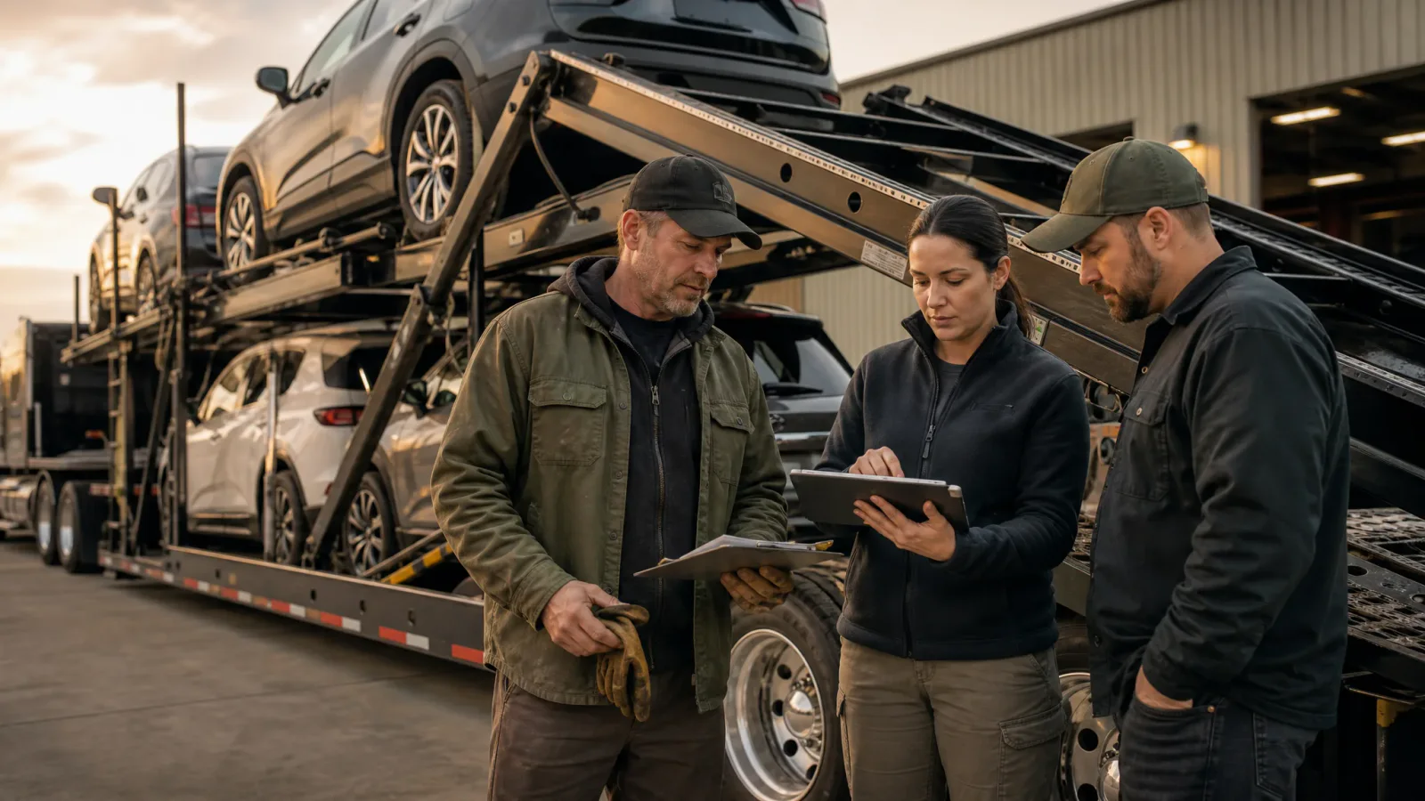 Car hauler driver and fleet reviewer completing a vehicle defect reporting checklist beside a trailer