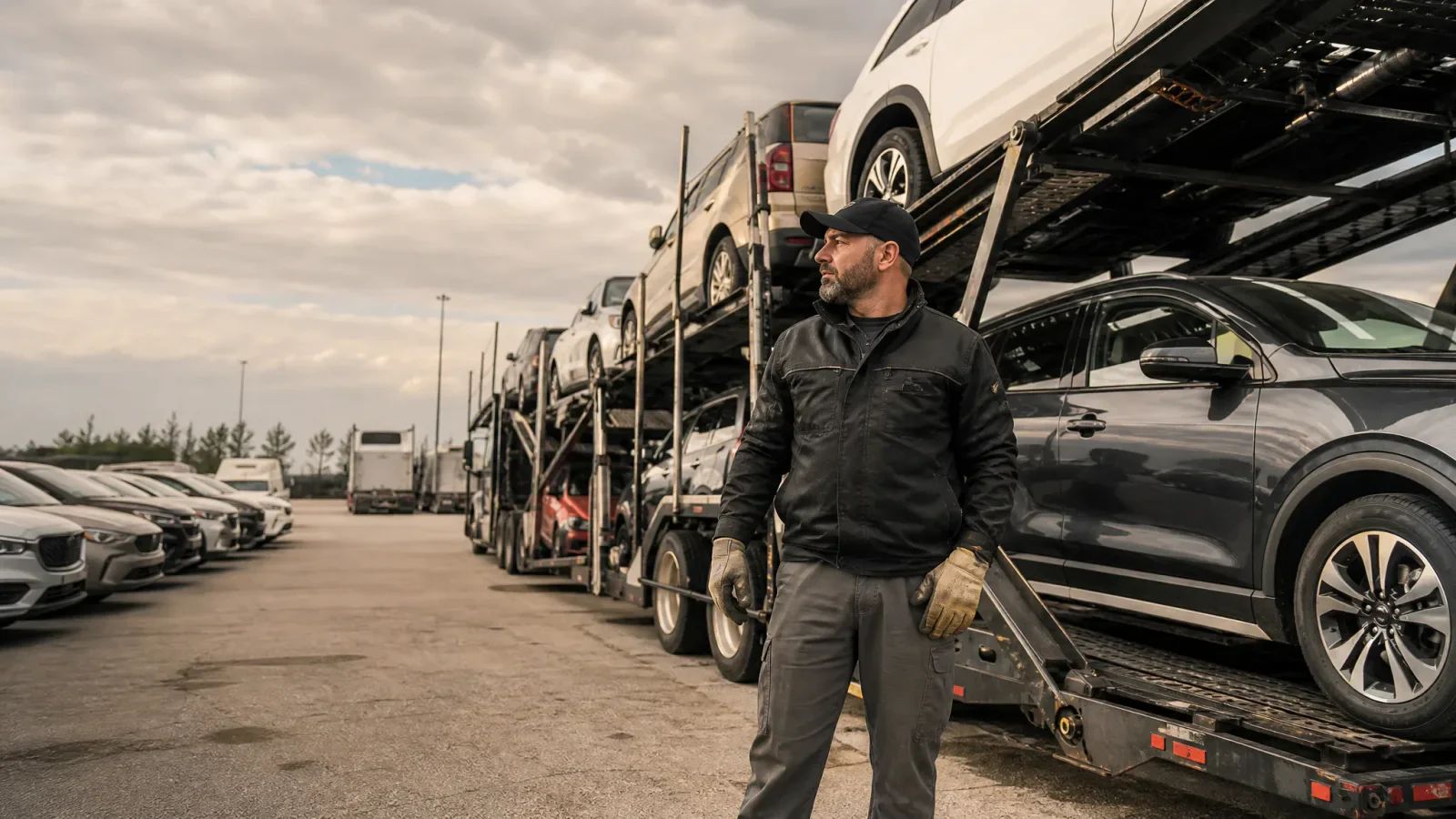 A driver in work gloves stands in front of a loaded car carrier, with parked vehicles behind him.