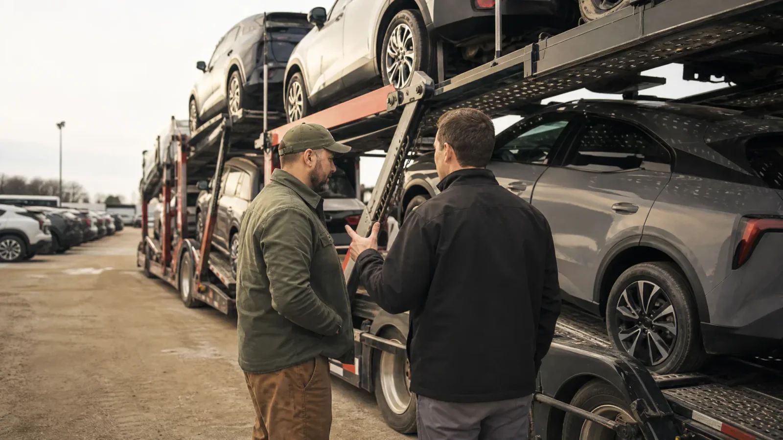 Two men standing beside vehicles loaded on a car carrier, with parked cars across the yard.