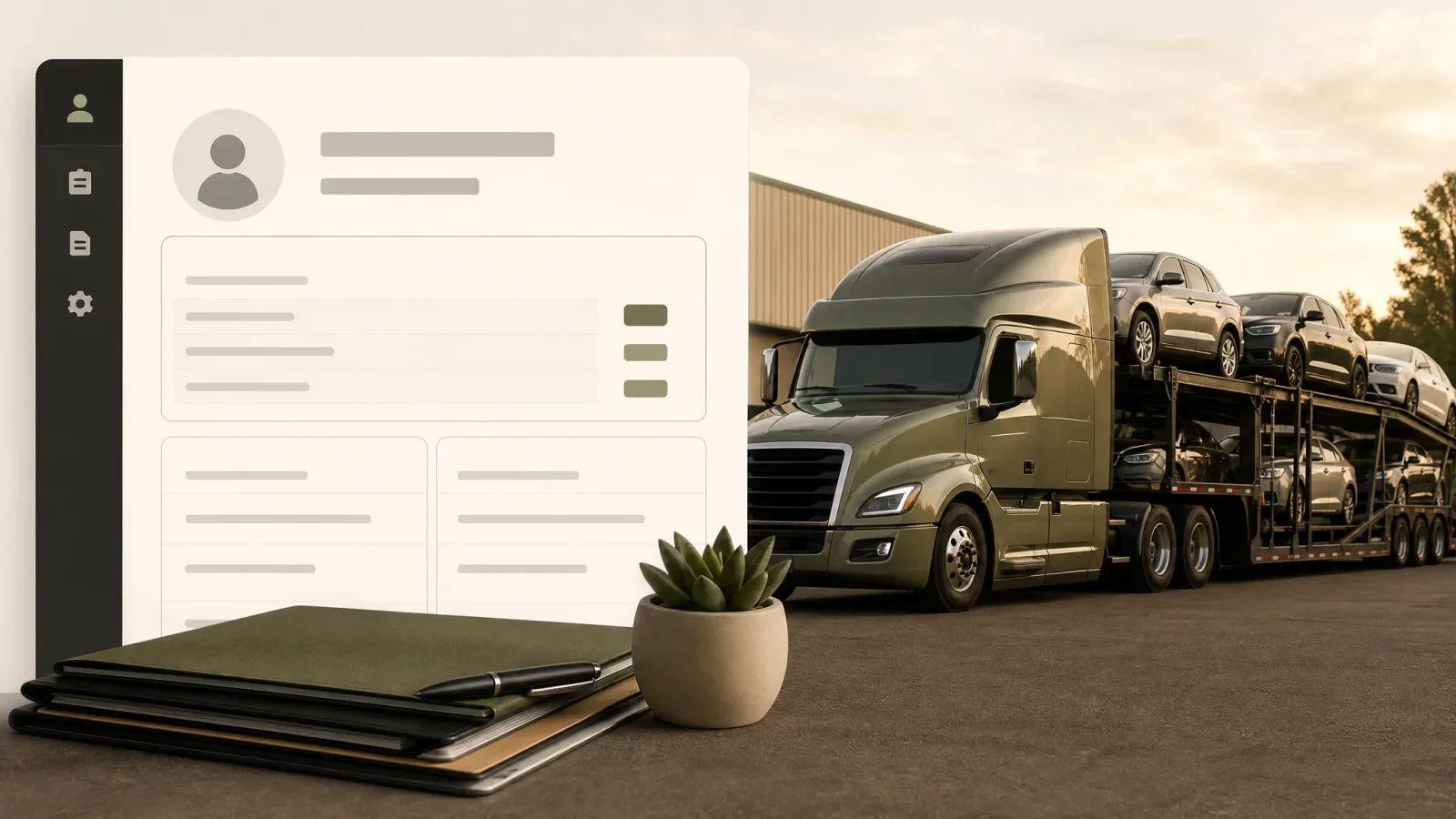 Illustration of a company profile layout beside a car carrier loaded with vehicles