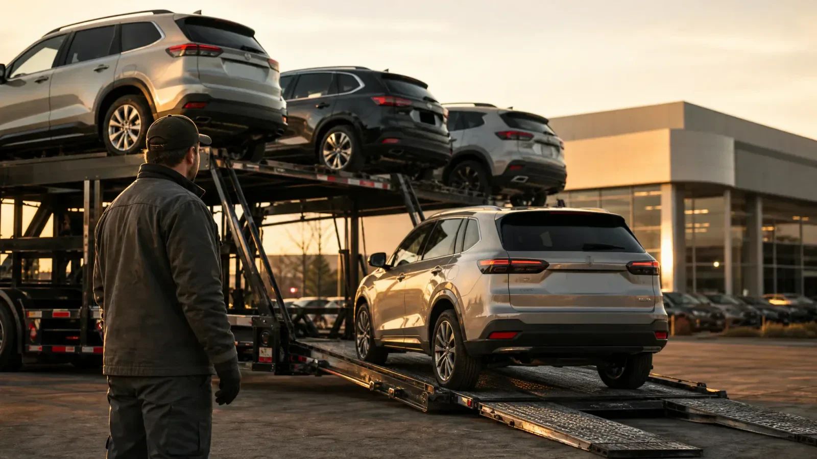 A car hauler driver watches a silver SUV roll down the carrier ramp at a dealership delivery lot at sunset.