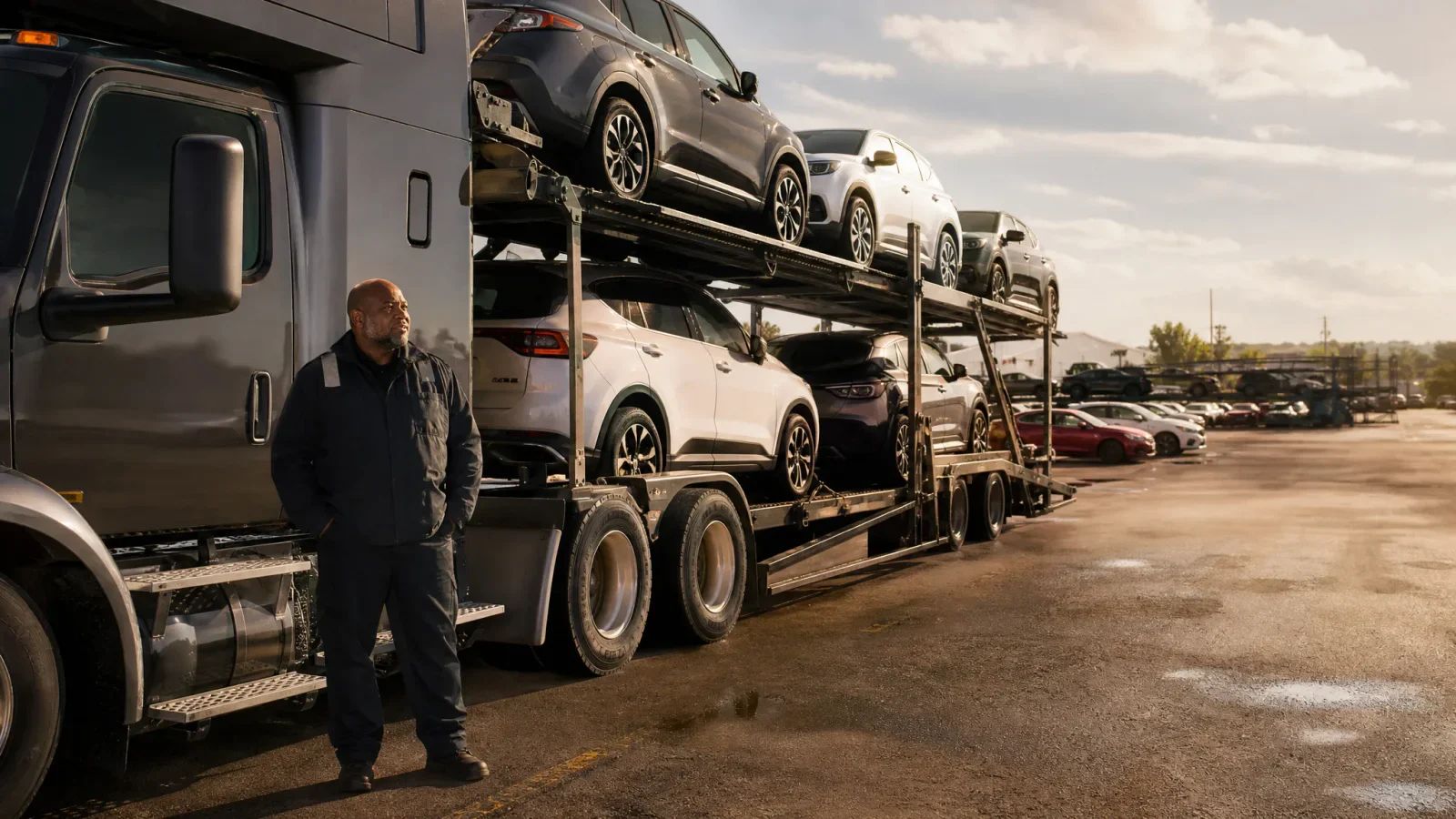 A car hauler driver stands beside a loaded car carrier in a transport yard.